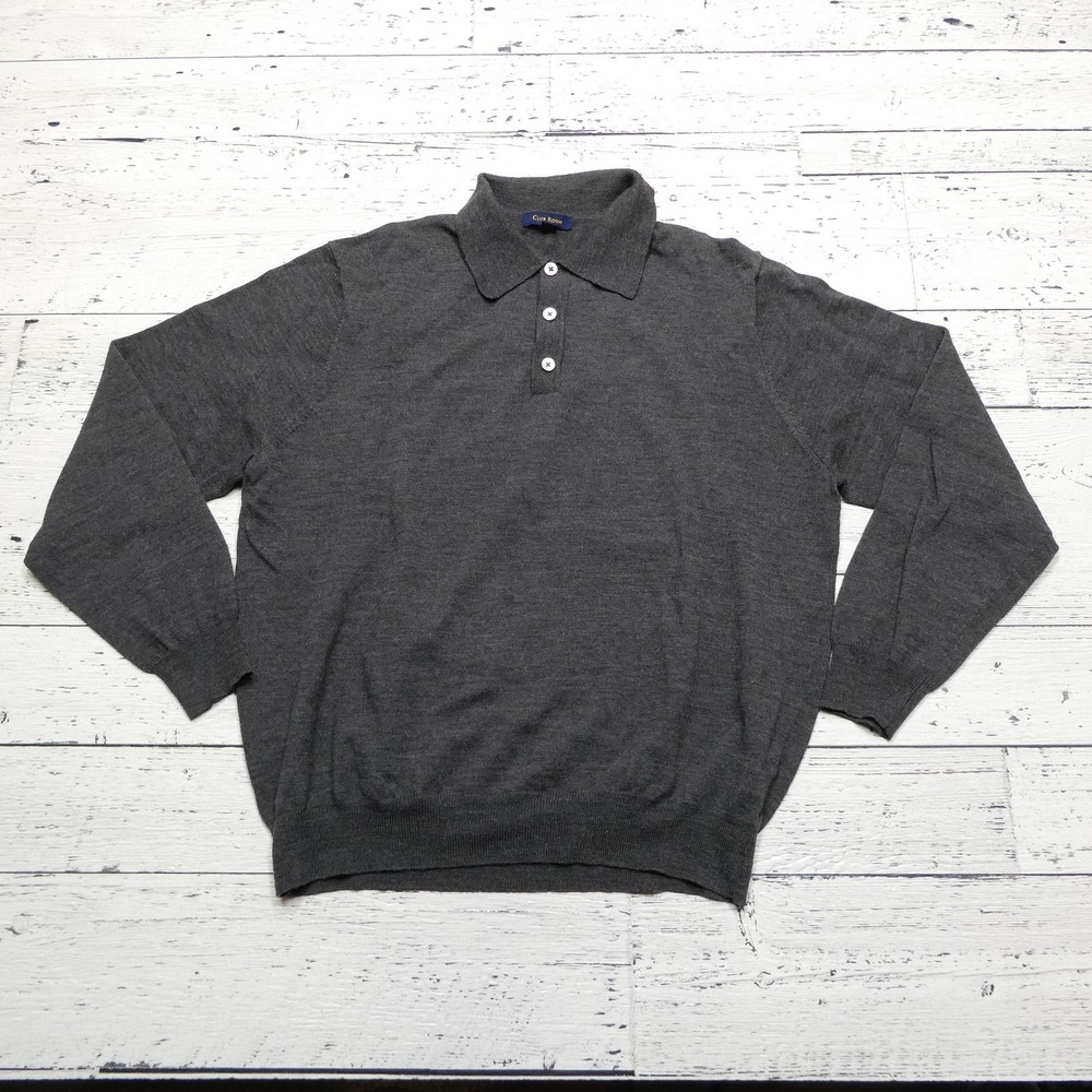 Club Room Sweater Mens LM rge Gray Merino Wool Polo Long Sleeve Pullover Classic